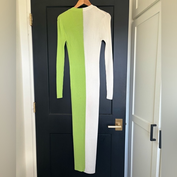 STAUD Shoko Colorblock Knit Dress Lime Green White Size Large Stretch Midi - Picture 5 of 7